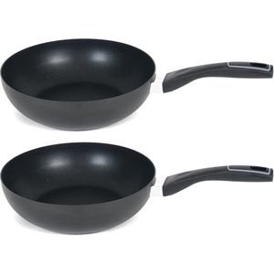 Set van 2x stuks aluminium zwarte wok/wokpan Gusto met anti-aanbak laag 28 cm - Wokpannan - Koken - Wokken
