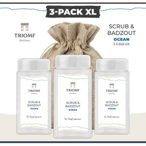 Deluxe Scrub & Badzout - 650 gram - Ocean - 3-Pack | Triomf Original - Luxe Wellness - Scrubzout Body Peeling Hammam - Hydraterende Lichaamsscrub - Sea Salt Bodyscrub - Verzorgings Giftset van 3 - Zeezout - Huidverzorging - Douche - Sauna - Bad