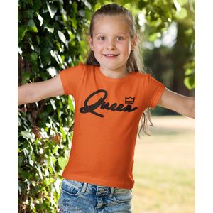 Oranje Koningsdag T-Shirt Kind Queen Black (7-8 jaar - MAAT 122/128) | Oranje kleding & shirts | Feestkleding