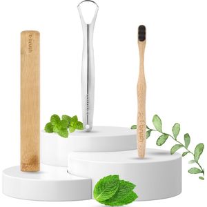 t-brush | Natuurlijke Mondverzorgingsset - Donker Grijs Nano Bamboe Tandenborstel - Bamboe Tandenborstel Koker - Stalen Tongreiniger - Vegan