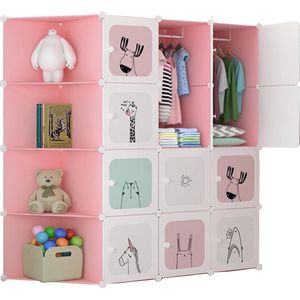 Modulaire Kledingkast Kinderen - Rekken Kindergarderobe - Organizer Opbergrek Thuis - 16 modules 140x105 cm - Roze Kledingkast