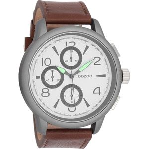OOZOO Timepieces - Titanium horloge met donker bruine leren band - C7875