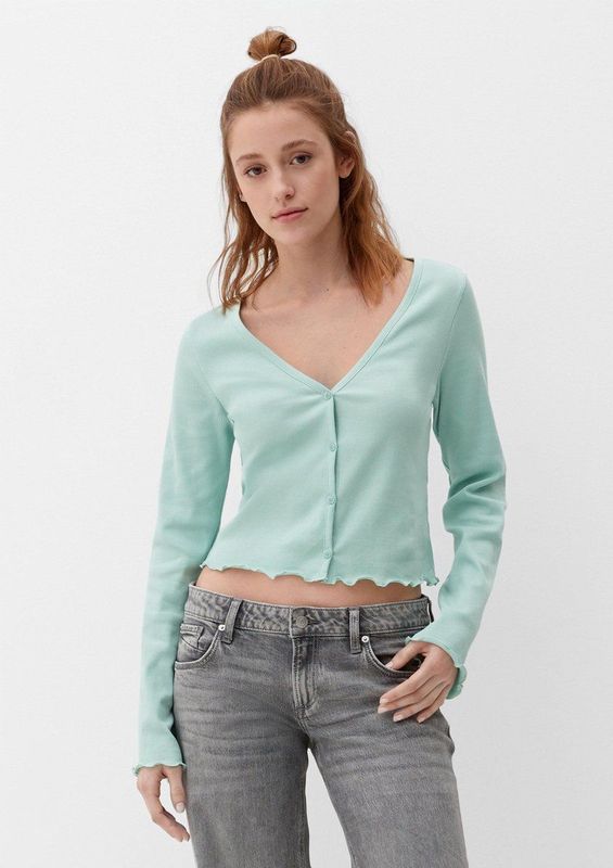 QS - Shirt - Groen - Knoopsluiting - V-hals - Lange Mouw - Slanke Pasvorm