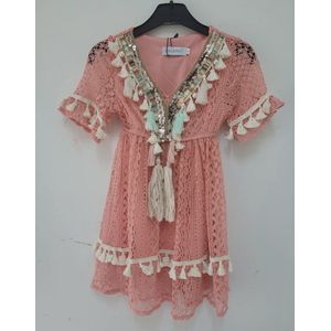 Jurk meiden meisjes koraal ibiza strand beach boho bohemian voorjaar zomer kralen pailletten steentjes studs maat 14/14Y