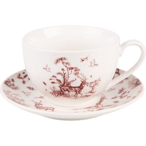 Clayre & Eef Kop en schotel 200 ml Beige Rood Porselein Rendieren en bomen Servies