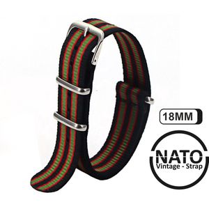 Stijlvolle 18mm Premium Nato Zwart Groen Rood gestreept Horlogeband: Ontdek de Vintage James Bond Look! Perfect voor Mannen, uit onze Exclusieve Nato Strap Collectie!