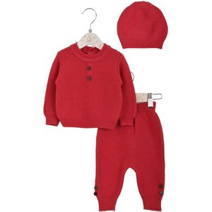 Minora Baby Winter Kledingset- Broek, Trui en Muts- Babykleding Jongens en Meisjes-Bovenkleding en Broeken- Kraamcadeau - Babyshower-Newborn driedelige gestreepte-1/3 Maanden-Rood