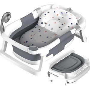 1st Opvouwbare babybadje, onmisbaar babybadaccessoire, draagbare badkuip voor pasgeborenen tot peuters met antislipmat en afvoergat. (geen thermometer) (grijs + babybadmat)