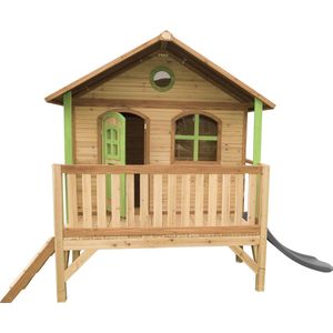 AXI Stef Speelhuis in Bruin/Groen - Met Verdieping en Grijze Glijbaan - Speelhuisje voor de tuin / buiten - FSC hout - Speeltoestel voor kinderen