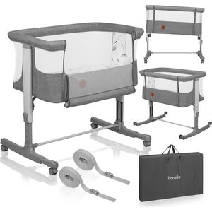 3-in-1 Babybed tot 9 kg wiegje naast het bed, bijzetbed, Kinderbed meet Hoogwaardige matras ech hoogteverstelling en instelling van de helling van de matras, 4 wielen met rem, Organizer