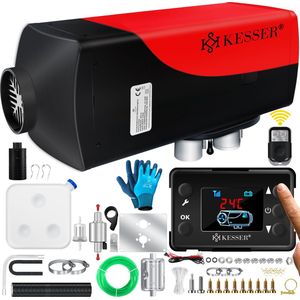 KESSER® Diesel Standkachel 12V / 24V Auto Verwarming 8KW met Thermostaat, LCD-display, Afstandsbediening en Timer - Kachel voor Auto Vrachtwagen Camper Luchtverwarmer - Zwart / Rood