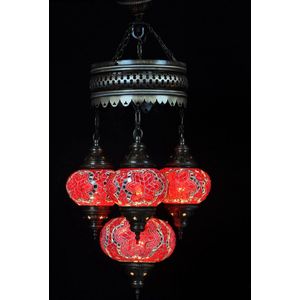 Turkse lamp - Oosterse lamp - Hanglamp - Rood - 4 bollen - mozaïek