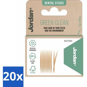 20 x Jordan - Tandenstokers - Green Clean - 100 Stokers - Tandenstoker - Houten Tandenstoker - Duurzaam Tandenstoker - Plasticvrije Tandenstoker - Berkenhout Tandenstoker