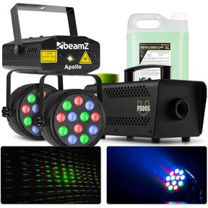 BeamZ lichtset met laser, PAR spots en 500W rookmachine met 5 liter rookvloeistof