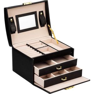 Sieradenkoffer 3 niveaus met 2 laden - Afsluitbaar - Zoals juwelenkoffer - Met spiegel - Voor ringen oorbellen halskettingen armbanden - Zwart