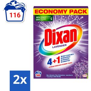 Dixan - Waspoeder en Vlekverwijderaar - Witte en Gekleurde Was - Lavendel - 58 Wasbeurten - Voordeelverpakking - 2 stuks