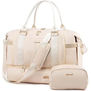 Reistas voor dames - Beige/creme - 2-delig met toilettas - USB-oplaadpoort - 47 x 22 x 36 cm - Schoenenvak en natvak - 12 vakken - Grote capaciteit - Schoudertas, sporttas, weekendtas, handbagage tas - 37L