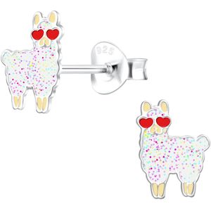 Joy|S - Zilveren Alpaca Lama oorbellen - 6 x 8 mm - glitter wit met rode hartjes bril