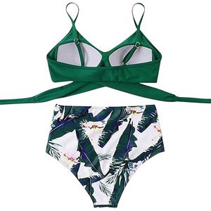 Badpak met hoge taille - haltertop met plooien - V-hals met gekruiste bandjes - badpak - strand-/zwembadgroen