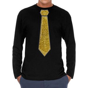 Bellatio Decorations Verkleed shirt heren - stropdas glitter goud - zwart - carnaval - longsleeve XXL
