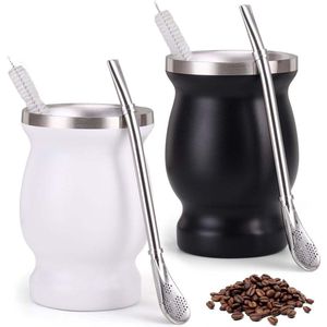 Yerba Mate theeset - dubbelwandige roestvrijstalen matebekers - set van 2 stuks - rietjeslepel en reinigingsborstel - warmte-isolatie - Mate thee koffie melk sap - zwart wit .