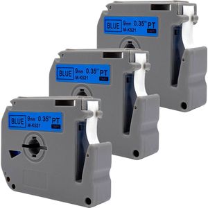 DULA Brother Compatible label tape- M-K521 - 3 cassettes - Brother P-Touch - Zwart op blauw - 9mm x 8m