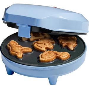 Bestron Wafelijzer voor Mini Dino Cookies, Cakemaker voor mini dino cakes, met bakindicatielampje & antiaanbaklaag, 700 Watt, kleur: blauw