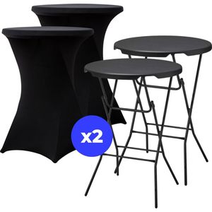 ElixPro 2x Zwarte Statafel + 2x Zwarte Statafelrok - Partytafel - Staantafel - Weerbestendig en Robuust - Cocktailtafel - Partytafel - Hoge Staan Tafel - 80x110cm - Klaptafel - Inklapbaar - Zwart