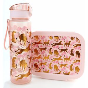 Luipaard broodtrommel + drinkfles Roze met Goud | Vrolijke bentobox lunchbox met drinkbeker voor kinderen | Waterfles BPA vrij | LS34