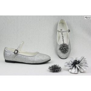 Ballerina-dansschoen-prinsessenschoen-zilver glitter-platte schoen meisje-glitterschoen zilver-gespschoen-glamour-verkleedschoen (mt 21)