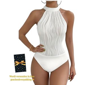 Body Dames – Elegante Witte Halter Body met Golvend Textuurdesign – Luxe Kwaliteits Bodysuit – Sexy Festival Look – Clubwear – Verfijnde Witte Lingerie Top – Stretch & Shaping – Lingerie Body Erotisch – Statement Piece – Maat XS/S, M, L, XL