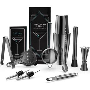 Navaris 11-delige roestvrij stalen cocktailset - Luxe cocktail shaker set - Met shaker, barmaatje, strainer, ijstang en meer - Donkergrijs
