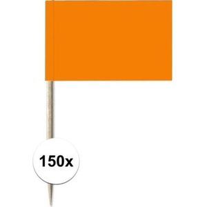 150x Cocktailprikkers oranje 8 cm vlaggetje decoratie - Houten spiesjes met papieren vlaggetje - Wegwerp EK/WK Holland prikkertjes
