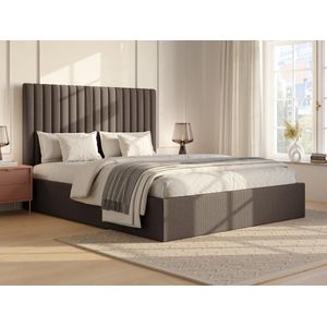 Vente-unique Bed met opbergruimte 180 x 200 cm met hoofdbord met verticale stiksels - Ribfluweel - Taupegrijs - SARAH L 190 cm x H 120 cm x D 214 cm