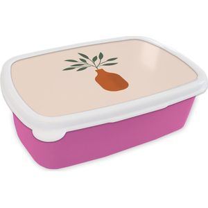Broodtrommel Roze - Lunchbox - Brooddoos - Vaas - Plant - Pastel. - 18x12x6 cm - Kinderen - Meisje