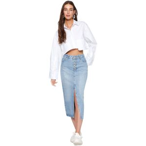 Trendyol Blauwe Midi-Denimrok Met Knopen En Split Twoaw24Et00063
