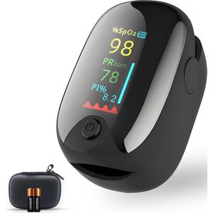 Auriva® Saturatiemeter - Saturatiemeter - zuurstofmeter vinger - Oximeter - Hartslag - CE Certificatie - NL EN - Koord + Batterijen + Tasje - Zwart