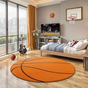 the carpet Lou Kinderkleed – Zacht & Knuffelbaar Speelkleed met Basketbal Motief – Onderhoudsvriendelijk & Kleurecht – Oranje 160 cm Rond