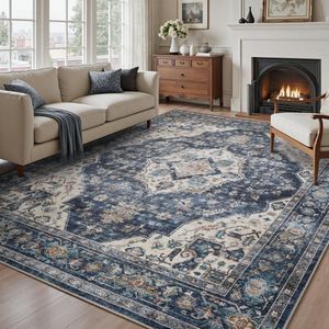 Ibenzoa® Stijlvolle en Wasbare Vintage Vloerkleed voor Woonkamer en Slaapkamer 240x300cm, Blauw