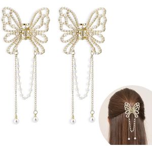 Vlinderklauwclips met Bedels Goud Parel - 2 stuksVlinderhaarspeldjes met Parelhanger KettingkwastHolle Metalen Clips Antislip HaaraccessoiresCadeau voor Vrouwen Meisjes