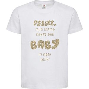 Shirt Aankondiging zwangerschap Pssstt, Mama heeft een baby in haar buik! | korte mouw | wit/Champagne Goud GLITTER | maat 110/116 zwangerschap aankondiging bekendmaking Baby big sis bro sister brother Grote Zus Broer