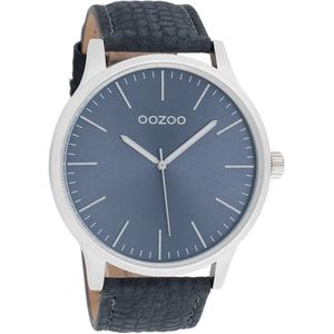 OOZOO Timepieces - Zilverkleurige horloge met donker blauwe leren band - C8537