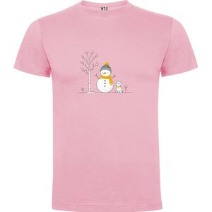 Roze T-Shirt met “Sneeuwpop met hond - Winter“ Print Full Color maat 104 / 3/4 jaar