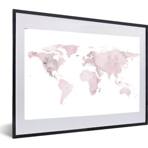 Fotolijst incl. Poster - Wereldkaart - Marmer - Roze - 60x40 cm - Posterlijst