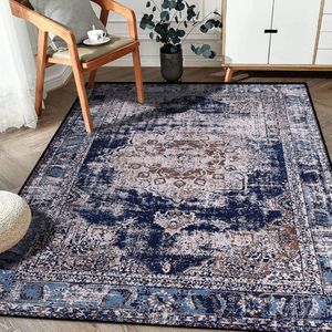 Vloerkleed, vintage, antislip, laagpolig tapijt voor slaapkamer, woonkamer, eetkamer, keuken, entree (retro/marineblauw, 160 x 200 cm)
