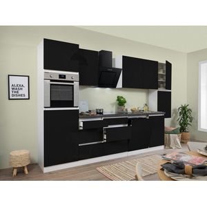 Goedkope keuken 330  cm - complete keuken met apparatuur Lorena  - Wit/Zwart - soft close - inductie kookplaat - vaatwasser - afzuigkap - oven  - spoelbak