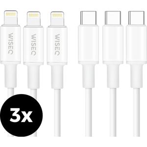WiseQ iPhone Oplader Kabels - Lightning naar USB C - 3 Meter - Wit - 3 stuks