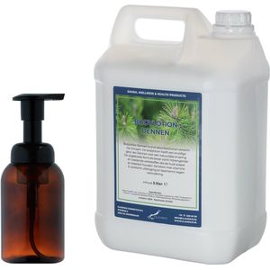 Zeepdispenser 300 ml amber bruin hervulbaar + 5 Liter Bodylotion Dennen navulling