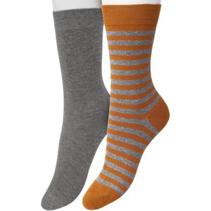 Bonnie Doon Sokken Set Gestreept en Effen voor Dames Bruin/Grijs maat 36/42 - Set met 2 paar Sokken - Strepen - Katoen Sok - Gladde Naden - Brede Boord - Perfecte Pasvorm - 2-pack - Multipack - Oranje - Anthracite Heather - Sudan Brown - OL041101.367