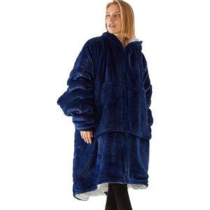 Knuffeltrui voor dames en heren, flanel, deken, hoodie, sweatshirt, oversized, jas met ritssluiting en enorme zak - marineblauw